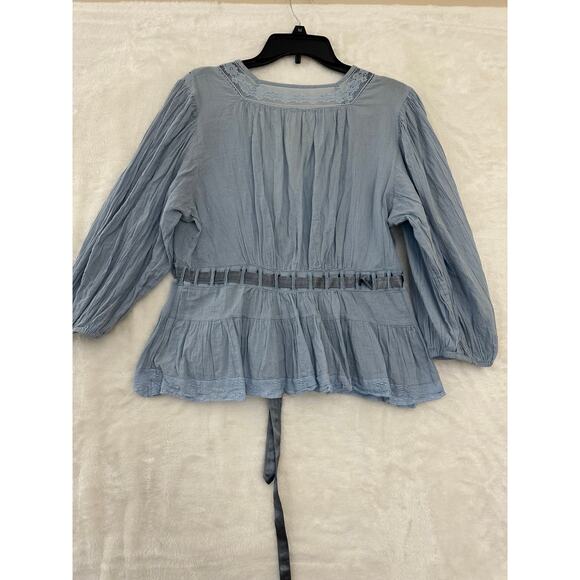 Free People Blue Tie Flowy Top M Beachy Coastal Fairy Festival - Picture 3 of 10